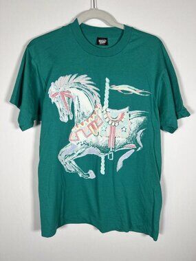 Vintage 80s Screen Stars green puff Carousel horse graphic single stitch tee L